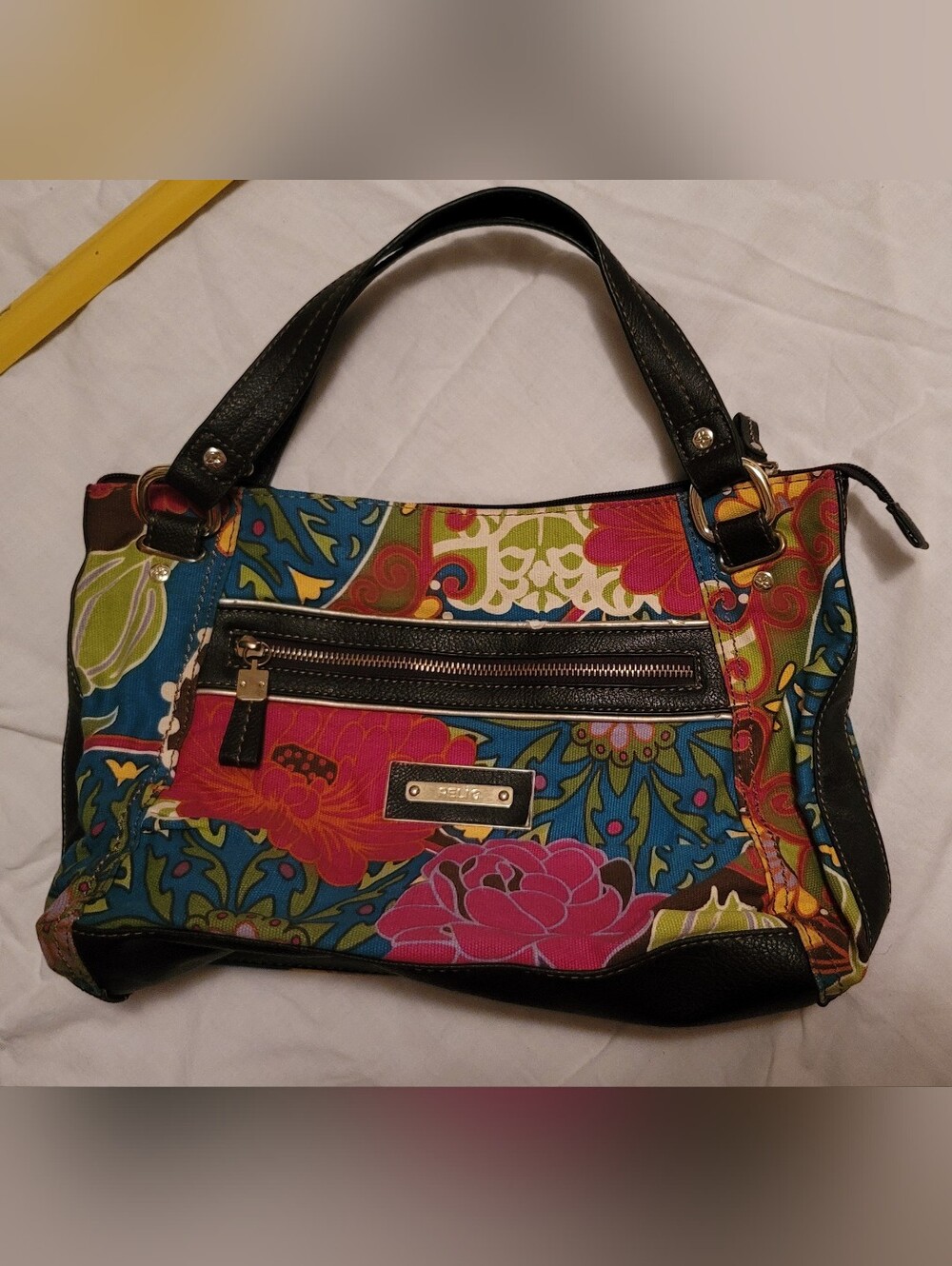 Relic (Vintage) Floral Multicolor Canvas Shoulder Bag with Dark Brown Trim